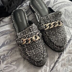 Lane Bryant Black & White Tweed Chain-Trim Mules